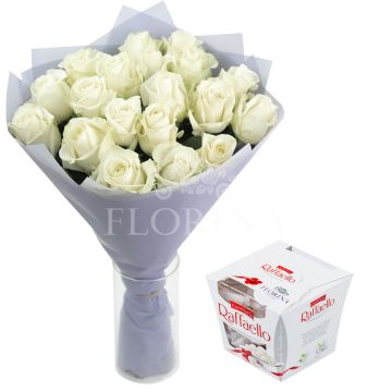 19 белых роз + Raffaello 150г. 19 белых роз + Raffaello 150г.
