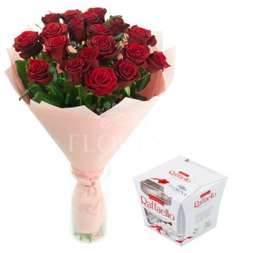 19 красных роз + Raffaello 150г. 19 красных роз + Raffaello 150г.